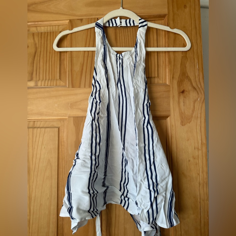 White and blue striped reformation halter top with wrap tie.